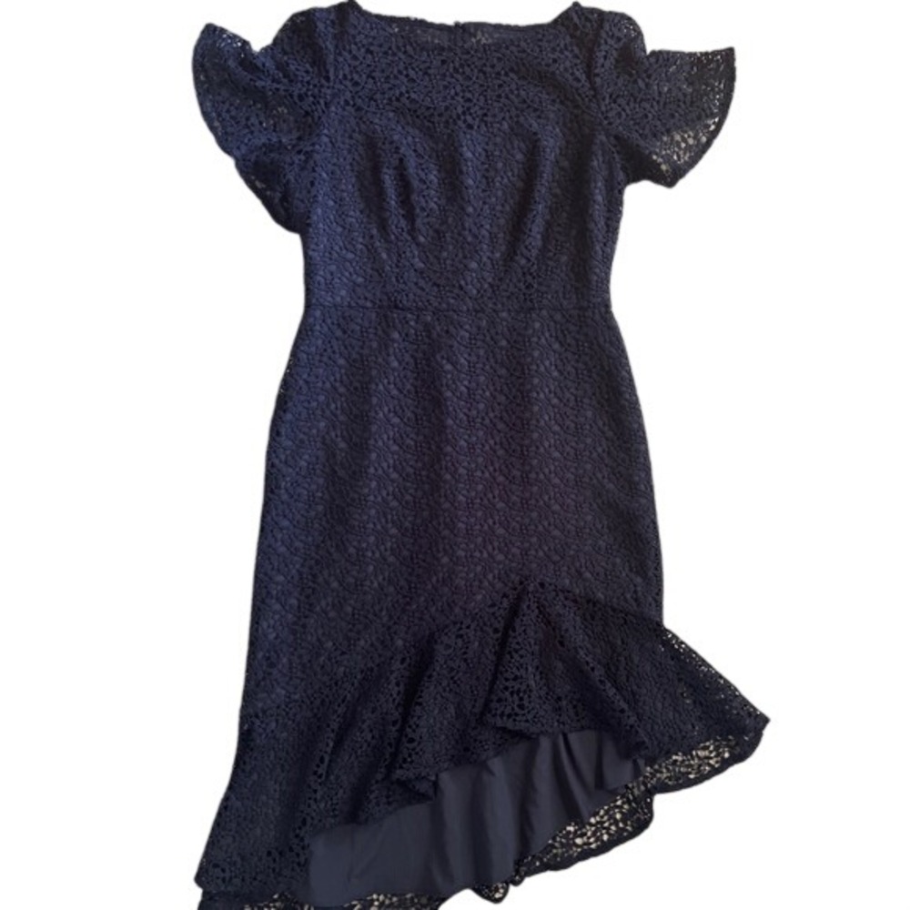 Maggy London Navy Blue Lace High Low Ruffle Hem Midi‎ Dress Flutter Sleeve Sz 12